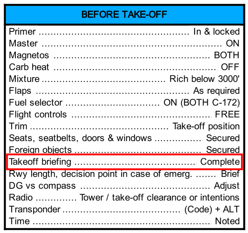 Example Before Takeoff Checklist from FlightChecklists.com